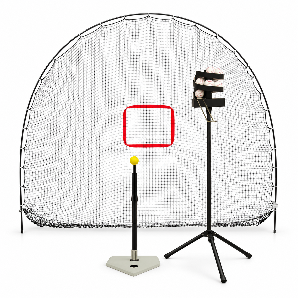 Batting tees, tossers, and nets